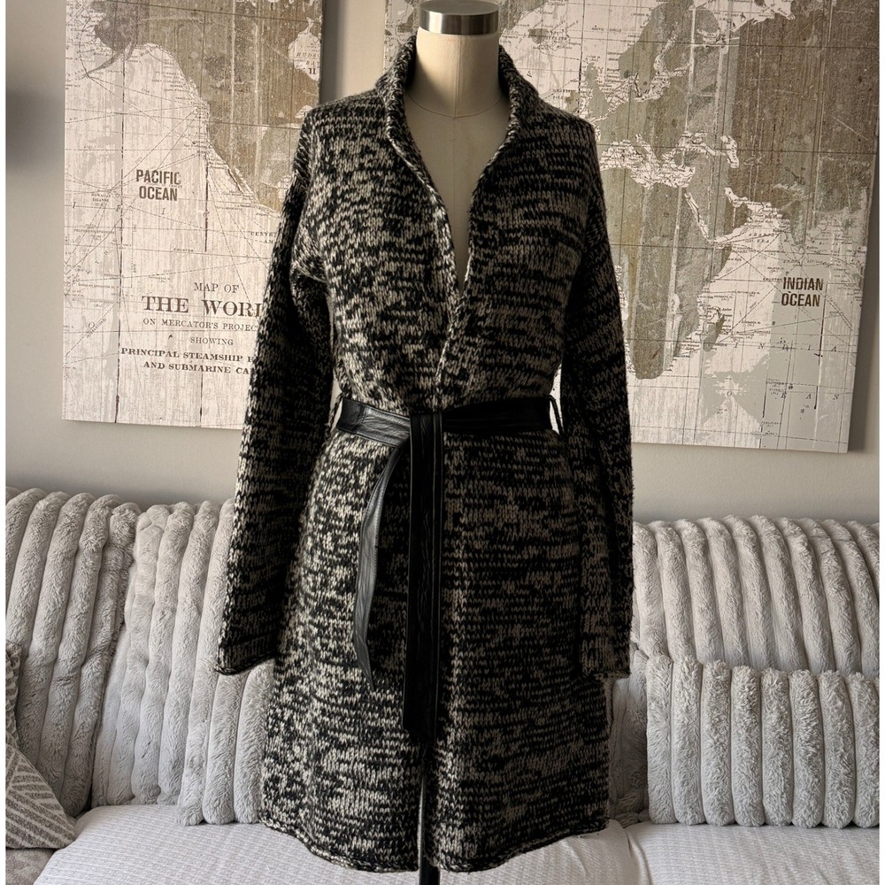 Banana Republic Knit‎ Cardigan Sweater Wrap Belted Black Cream Open Front Size S